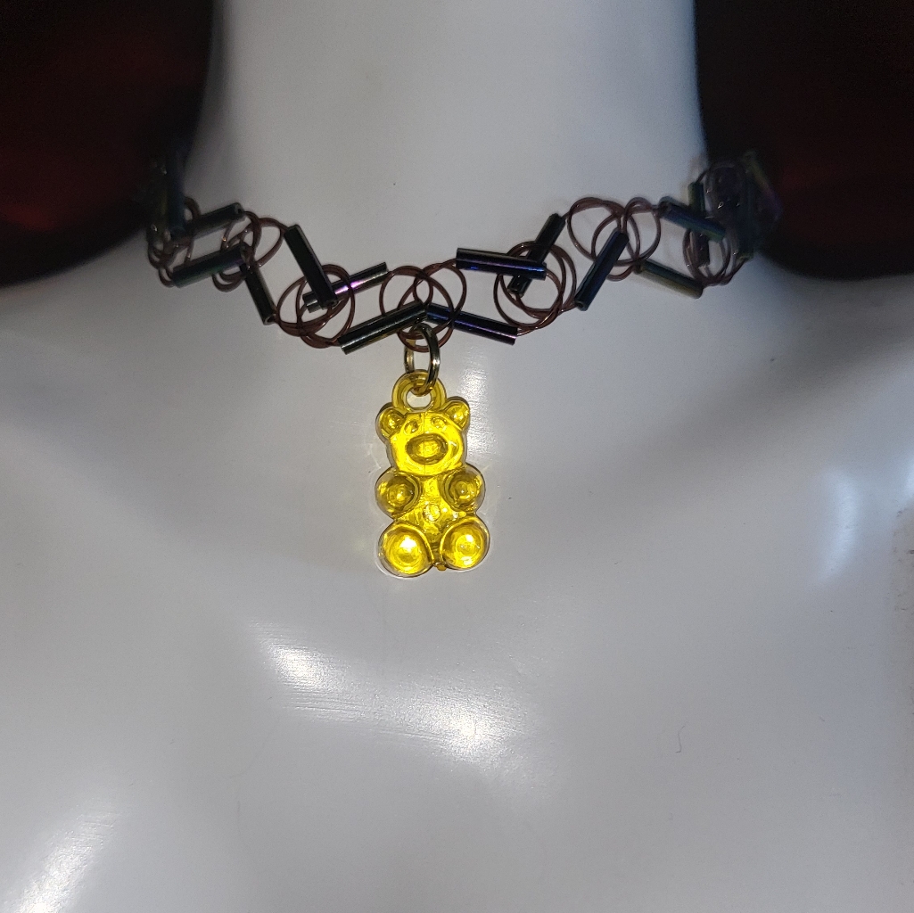 Yellow Bear Charm Necklace, Choker Necklace, 90s Choker, Charm Necklace